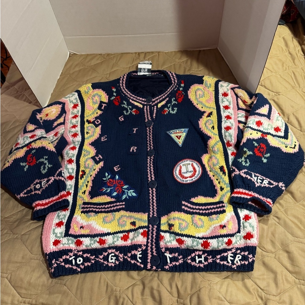 Together! Womens Sweater  SZ Med.Blue Yellow Knit Embroidered Button Up Cardigan